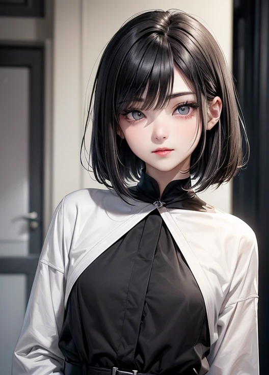 best quality, masterpiece, black hair, blue eyes, looking up, upper body