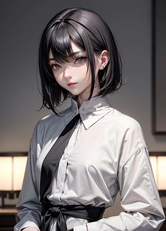 Masterpiece, (Photorealistic: 1.4), Top Quality, Beautiful Lighting, (ulzzang-6500:0.5), Makima \(Chainsaw Man\), (Bob Hair) + (Black Hair) + (Bangs), Yellow Eyes, Golden Eyes, (((Ring Eyes)), (Yellow Shirt), (Tie), RAW Photography, 8k UHD, Film Grain