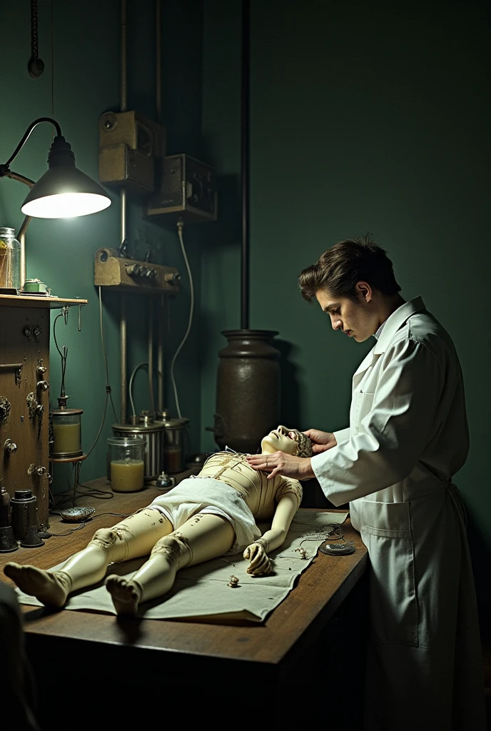((Japan))A dimly lit human body workshop in、((Old photos on the wall))、その写真はJapan人剥製師とJapan人の若い女性とのツーショットの笑顔の写真だった、That's how it is々Tools were hanging(((It was pinned to the wall of the workshop.)))