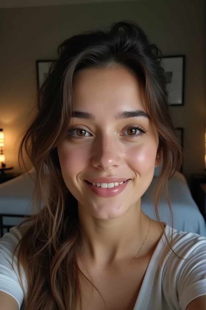 Haute qualité, une fille brunne super réaliste de beaux cheveux brun, un sourire mignon, elle est dans son lit dans une chambre super réaliste, faites en sorte que l'image donne l'impression que la fille a pris un selfie, rendez la chambre réaliste et confortable avec une décoration mignonne et quelques plantes réalistes.