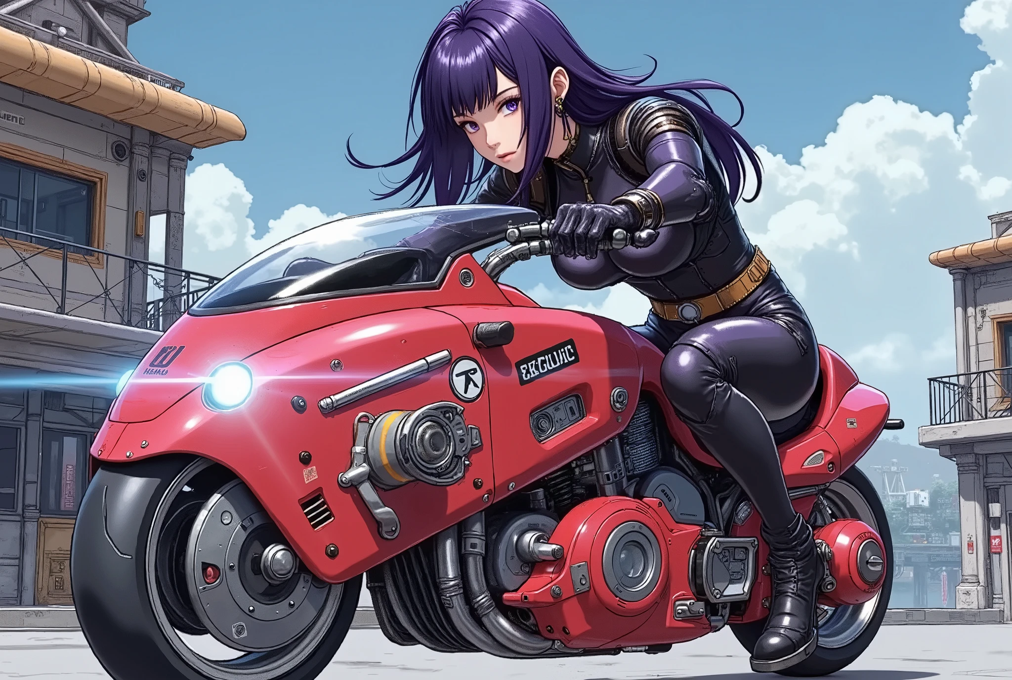 Masterpiece, excellent quality,Milonish, Cinematic experience , very detailed, best illustration, Ultra-Fine,16k, wallpaper, female 1 , cyberpunk , android woman riding a red motorcycle, beautiful faces, beautiful eyes, detailed facial description , hair ,Serious, sexy, hair , dynamic angle ,The background is cyberspace