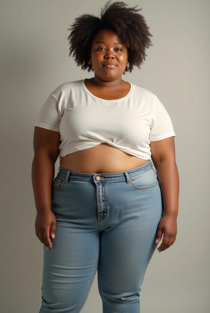 A candid shot of the girl, her lips pressed together in a determined line as she tries to hold back her laughter of dark skin, with jiggly fat rectangular belly and love handles on their hips and waist, round face, tan skin, rectangular format body, small flat breasts, ponytail-hairstyle, white t-shirt, denim shorts, amidst the chaos of the village.