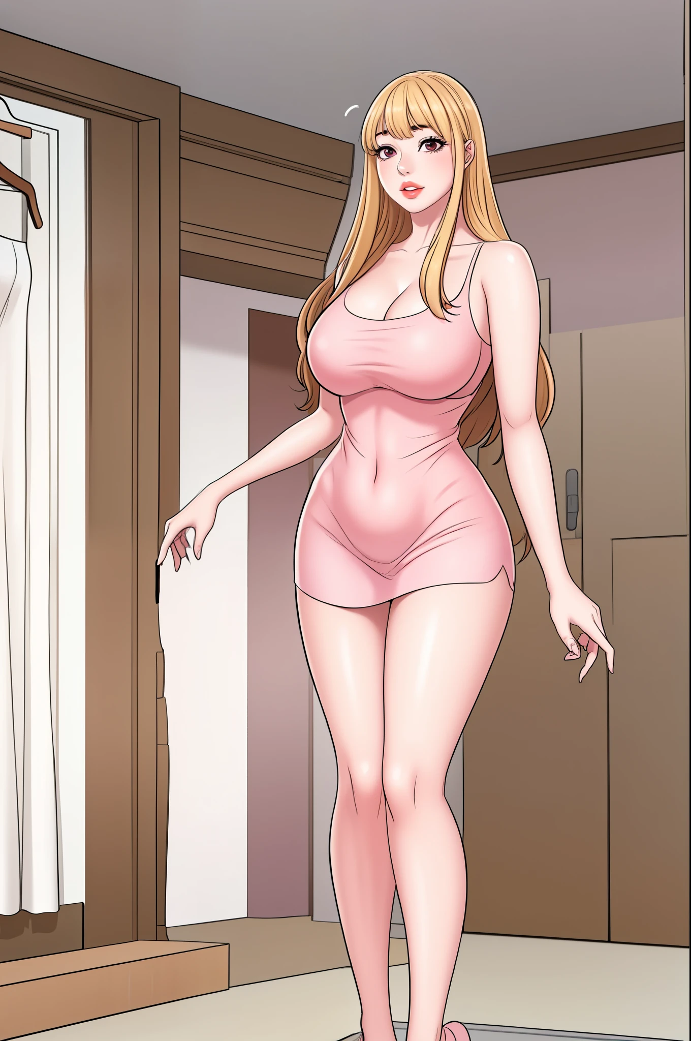 A sexy slim beautiful woman with blonde long hair bangs, big pink eyes, extremely fair white skin, and pink plump lips. She's wearing a revealing pink short dress with white slippers, a cute smile, standing straight, in the living room, and show her full body.