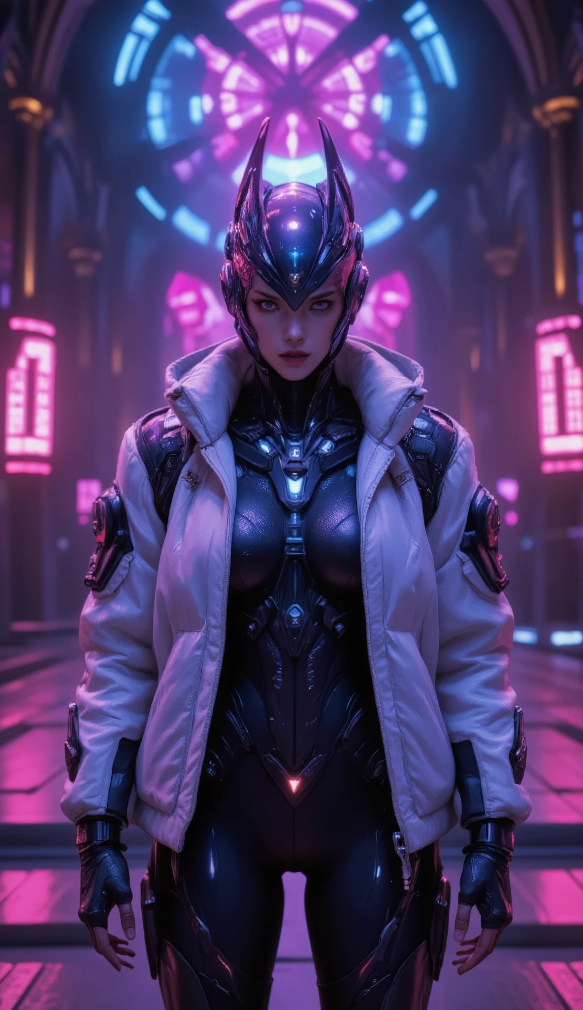 In the world of Warframe, Johanna de Armas emerges as a young woman, her form encased in a neon genesis evangelion style plugsuit, a testament to advanced futuristic exoskeletons. The exosuit, a fusion of futuristic baroque and rococo cyberpunk, is a marvel of design, featuring a white puffer jacket that adds a touch of elegance to her formidable appearance.
She stands in an opulent gothic cyber church, bathed in neon lights that cast dramatic shadows, emphasizing the off-center composition of the scene. The atmosphere is thick with the essence of retro cyberpunk art, reminiscent of the works by Keos Masons, and the painting style of Richard Gerstl, known for his vibrant expressionism and emotive, psychological intensity.
The street art and graffiti around her, with their vibrant colors and urban themes, reflect an 80's inspired synthwave aesthetic. The scene is a tapestry of neon, vibrant, and detailed elements that capture the essence of retro futurism. The shallow depth of field, vignette effect, and highly detailed rendering create a moody, epic atmosphere, reminiscent of a high-budget cinematic production.
The bokeh effect, cinemascope framing, and the addition of film grain give the image a grainy texture, enhancing its cinematic quality and adding to the overall gorgeousness of the scene. This is a world where technology and art collide, creating a visual spectacle that is both intense and beautiful.