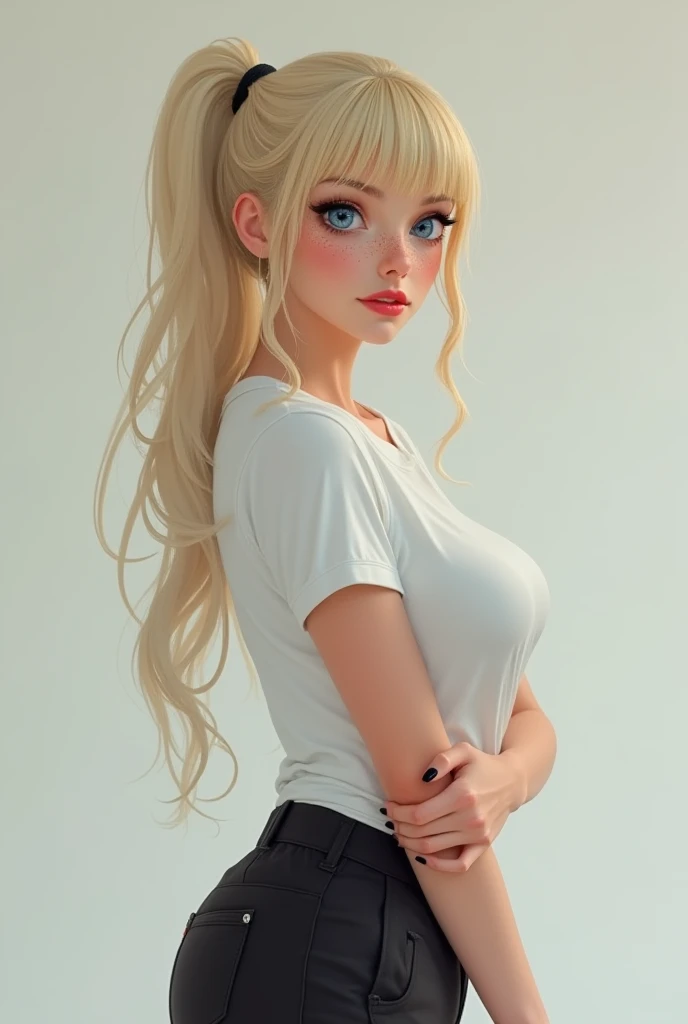 (Blonde stunning hair), (blue eyes), blue necklace, Golden earrings, Fit, Gorgeous Body, gorgeous, brown eyebrows, (two moles over lip), big pupils, (23 years old), 1girl,solo, complex skin, warm light, (large breasts), wide thighs, round butt, 5 fingers, ((blushing)), ((detailed face, best quality)), (masterpiece)), ((ultra-detailed)), (beautiful detailed eyes), red lip, eyeshadow, beautiful face, long hair, very detailed eyes, intricate details in eyes, perfect lips, good lighting, cleavage, ((smiling face)), wearing pink and white short dress, in a bedroom, full body standing laying on her back