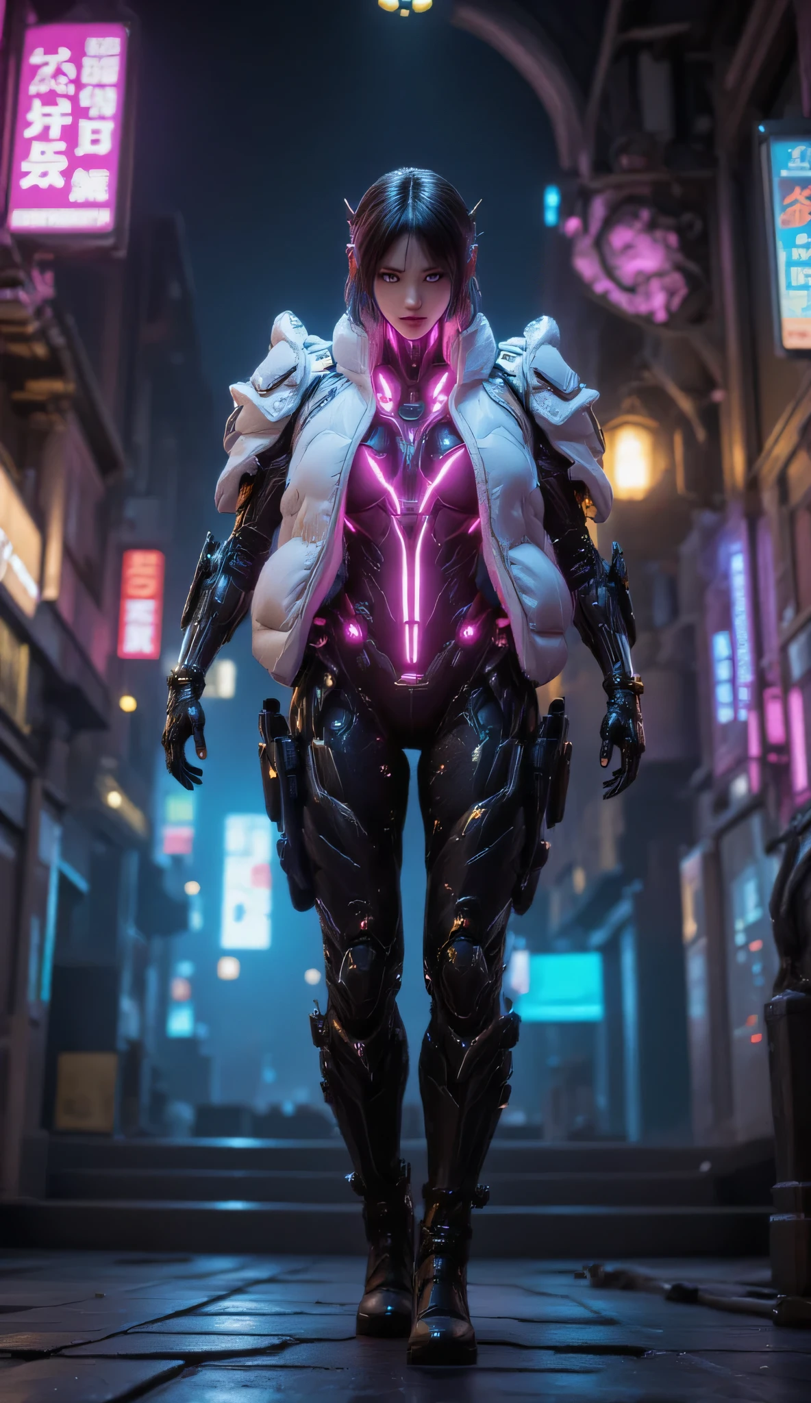 In the world of Warframe, Johanna de Armas emerges as a young woman, her form encased in a neon genesis evangelion style plugsuit, a testament to advanced futuristic exoskeletons. The exosuit, a fusion of futuristic baroque and rococo cyberpunk, is a marvel of design, featuring a white puffer jacket that adds a touch of elegance to her formidable appearance.
She stands in an opulent gothic cyber church, bathed in neon lights that cast dramatic shadows, emphasizing the off-center composition of the scene. The atmosphere is thick with the essence of retro cyberpunk art, reminiscent of the works by Keos Masons, and the painting style of Richard Gerstl, known for his vibrant expressionism and emotive, psychological intensity.
The street art and graffiti around her, with their vibrant colors and urban themes, reflect an 80's inspired synthwave aesthetic. The scene is a tapestry of neon, vibrant, and detailed elements that capture the essence of retro futurism. The shallow depth of field, vignette effect, and highly detailed rendering create a moody, epic atmosphere, reminiscent of a high-budget cinematic production.
The bokeh effect, cinemascope framing, and the addition of film grain give the image a grainy texture, enhancing its cinematic quality and adding to the overall gorgeousness of the scene. This is a world where technology and art collide, creating a visual spectacle that is both intense and beautiful.