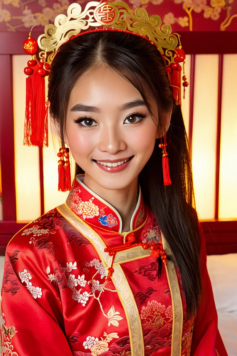 photorealistic image of the same 18 year old Asian female, slender build, wearing a traditional red Chinese wedding costume, intricate woven ornamental details, delicate and symmetrical facial features, slightly almond-shaped and expressive eyes, warm smile, long and dark hair tied naturally to fit the costume, framing her face beautifully, standing by the bed, soft and warm lighting, one hand removing her red wedding veil, looking at the camera, feeling peaceful