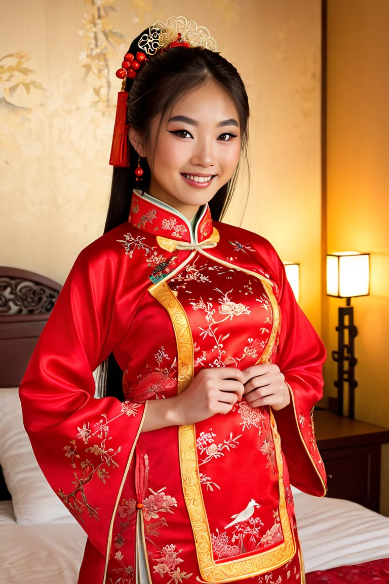 photorealistic image of the same 18 year old Asian female, slender build, wearing a traditional red Chinese wedding costume, intricate woven ornamental details, delicate and symmetrical facial features, slightly almond-shaped and expressive eyes, warm smile, long and dark hair tied naturally to fit the costume, framing her face beautifully, standing by the bed, soft and warm lighting, one hand removing her red wedding veil, looking at the camera, feeling peaceful