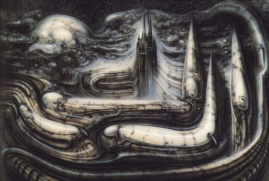 

 The image depicts a fantastical scene of a castle with a dominant tower, surrounded by a whirl of dark clouds and a starry nebulous sky in the background.

The shapes are predominantly rounded and flowing, with a strong sense of internal structure suggested by the lines and shading. The color palette is almost entirely grayscale with some warmer highlights giving a slight off-white/beige tint. The contrast is primarily achieved through subtle gradations of light and shadow, defining the forms without harsh edges. This creates a sense of depth and volume, but also contributes to the overall ambiguity of the image. The lack of strong contrast makes the forms blend into each other, further enhancing the feeling of a unified, biomechanical entity.

The space in this H.R. Giger-esque image is formed through a complex interplay of several visual techniques, creating a claustrophobic, layered, and ambiguous environment. Space in this image is formed by a combination of overlapping forms, lack of traditional perspective, flowing curves, high detail, ambiguous scale, and subtle lighting. These techniques work together to create a unique and unsettling spatial experience that is characteristic of Giger's work: a claustrophobic, organic, and biomechanical environment that feels both alien and strangely familiar.
 The most dominant feature is the dense overlapping and interweaving of organic and mechanical forms. Figures, pipes, tubes, and other structures merge seamlessly, making it difficult to distinguish where one ends and another begins. This creates a sense of depth and layers, but also contributes to the claustrophobic feeling as there's little empty space.
 There's no clear horizon line or defined vanishing point to establish traditional perspective. This further adds to the sense of disorientation and makes it difficult to gauge the scale and distance of the elements within the image. The space feels compressed and undefined.
