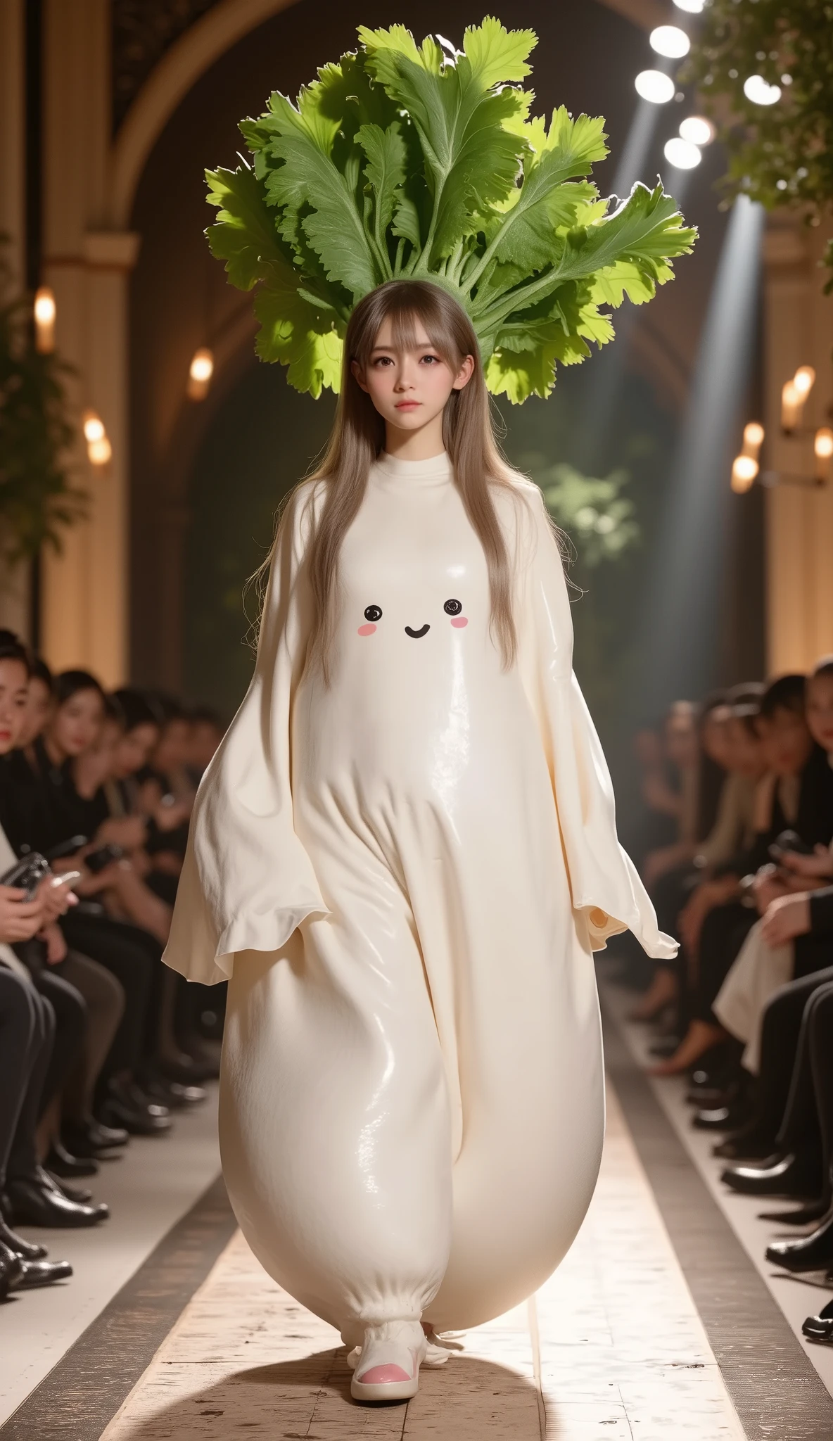 ultra-realistic, photorealistic, dramatic scene, shadow, global-illumination, solo, very beautiful Japanese young woman, she is professional fashion model, very beautiful with very cute but boyish cool face, She walks the runway of a fashion show with aplomb, (Antique fashion show venue), lots of spectators, photographers, wearing a very cute full-body costume of white daikon radish character, costume of daikon character is 1daikon\(large, very cute white daikon radish character, simplified very cute smiled face, very cute anime-girl's detailed eyes, detailed surface texture, chubby, full body, green leaves on the top\), (spot lighting), smile, Her posing makes her look more attractive