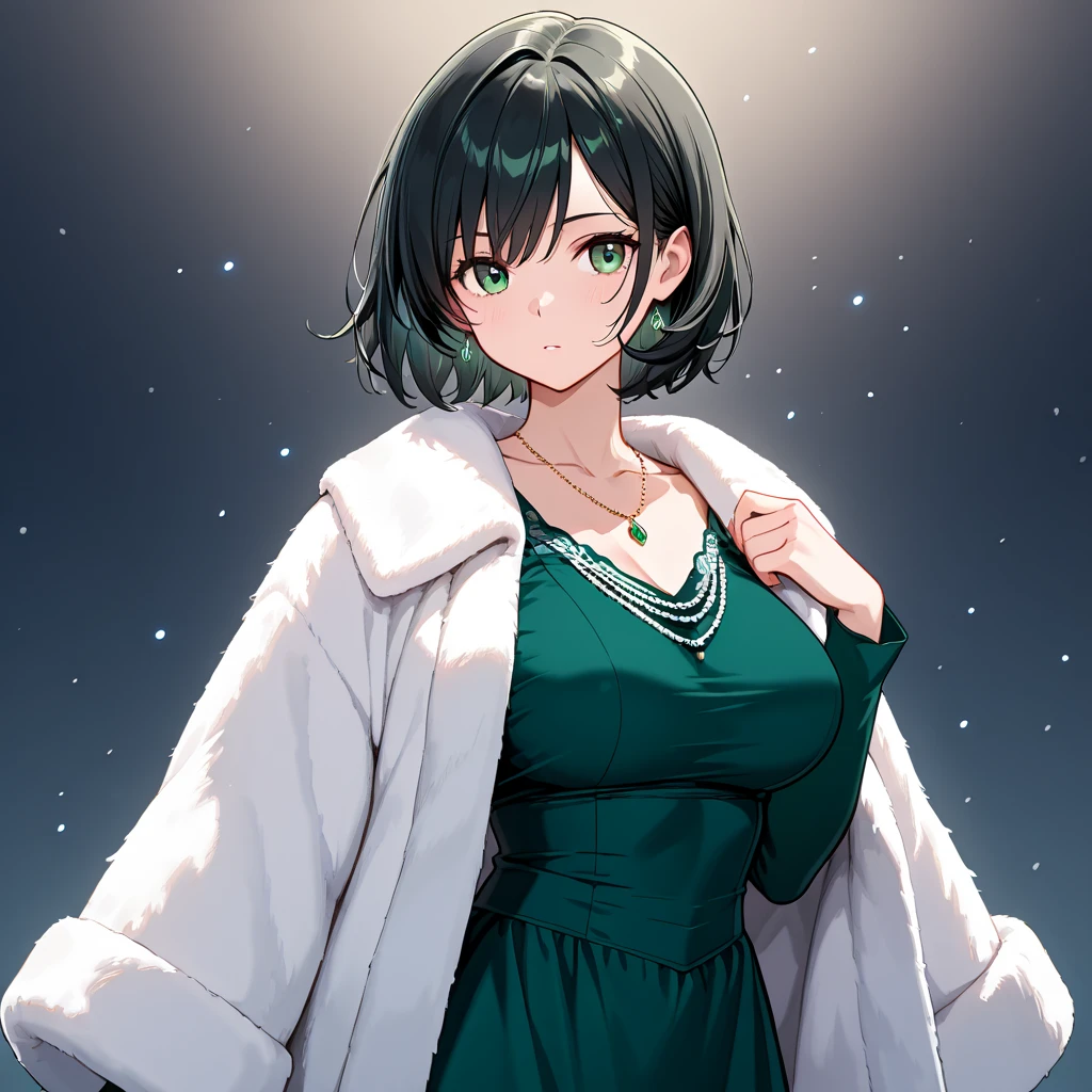 black hair, short hair, green eyes,

coat, long sleeves, collarbone, large breasts, necklace, jewelry, dress, fur coat, green dress