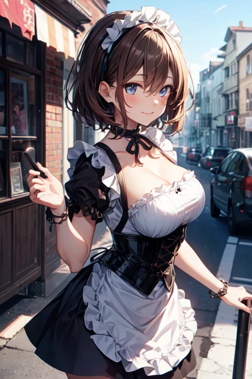 1 woman in black maid outfit with white skirt, white stockings, and tight corsets, showing immense curves, mohican hairstyle, extremely pretty. Surrounded by elderly gentlemen who admire her. She playfully starts to show off, taking advantage of the attention. She is facing the viewer, smiling happily, in a futuristic subway setting. anime styling, a masterpiece, higher resolution, 品質, detail, sharply focused, professional image