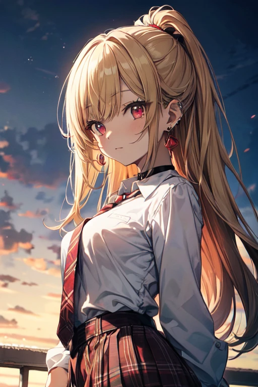  ( chibi),  full body, (Masterpiece),  best quality , Marin Kitagawa,  from the side 1 girl , Blonde,  long hair, Multicolored Hair,  red eyes,   jewelry,  earrings,  piercing above spo, ,  white shirt,  Tie Shirt ,  black choker,  blue tie,  plaid skirt with neck wrap