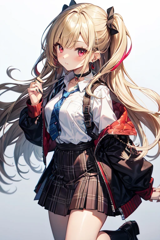  ( chibi),  full body, (Masterpiece),  best quality , Marin Kitagawa,  from the side 1 girl , Blonde,  long hair, Multicolored Hair,  red eyes,   jewelry,  earrings,  piercing above spo, ,  white shirt,  Tie Shirt ,  black choker,  blue tie,  plaid skirt with neck wrap