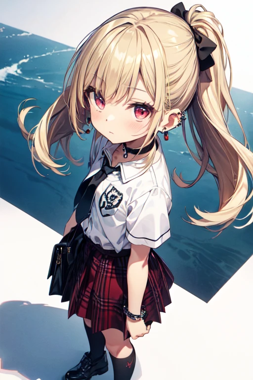  ( chibi),  full body, (Masterpiece),  best quality , Marin Kitagawa,  from the side 1 girl , Blonde,  long hair, Multicolored Hair,  red eyes,   jewelry,  earrings,  piercing above spo, ,  white shirt,  Tie Shirt ,  black choker,  blue tie,  plaid skirt with neck wrap