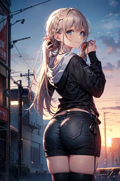 masutepiece,Best Quality,Jello Ana Chiro,White hair,Outdoors,Park,day,from behind,Ass,Hair Ornament,Hair over one eye,Twin-tailed,Solo,Undersized clothes,Shorts,Looking back,Smile,