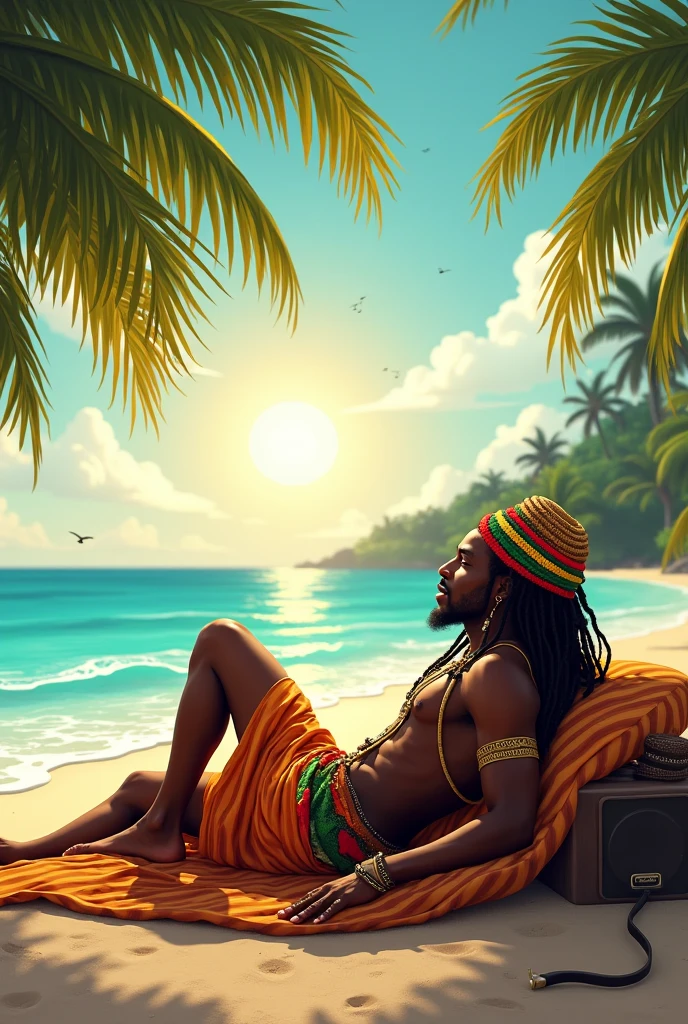 Drawing of a colored man with braids lying under a palm tree in profile, full body Further away 