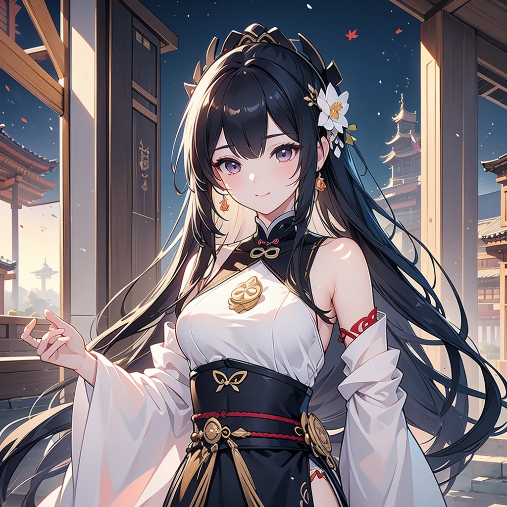 Best Quality, masterpiece,   ultra high resolution, (Realistic: 1.4), Xiuxian, smile, shy, belly button,  listening to music with headphones ,  Beautiful Jewelry, Horse face dress, Detailed aspect,, female 1 person,  Wore the white clothes of , Lotus flower pattern, Maple Leaf Pattern , Alone, arms, ( Magic Rim: 1.2), Xiuxian, 上Half Body, Beautiful woman, [Half Body,  East Asian architecture , sheath, construction, slit 、Belly button、( hyperrealistic ), ( illustration), ( high res), (8k), ( extremely detailed), (best  illustration), ( beautiful detailed eyes), ( top quality ), ( ULTRA DETAIL), (masterpiece), (  wallpaper), ( detailed face ),