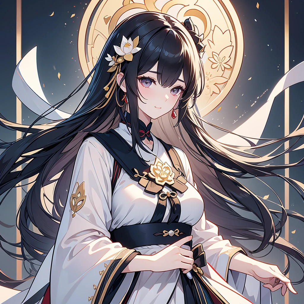 Best Quality, masterpiece,   ultra high resolution, (Realistic: 1.4), Xiuxian, smile, shy, belly button,  listening to music with headphones ,  Beautiful Jewelry, Horse face dress, Detailed aspect,, female 1 person,  Wore the white clothes of , Lotus flower pattern, Maple Leaf Pattern , Alone, arms, ( Magic Rim: 1.2), Xiuxian, 上Half Body, Beautiful woman, [Half Body,  East Asian architecture , sheath, construction, slit 、Belly button、( hyperrealistic ), ( illustration), ( high res), (8k), ( extremely detailed), (best  illustration), ( beautiful detailed eyes), ( top quality ), ( ULTRA DETAIL), (masterpiece), (  wallpaper), ( detailed face ),