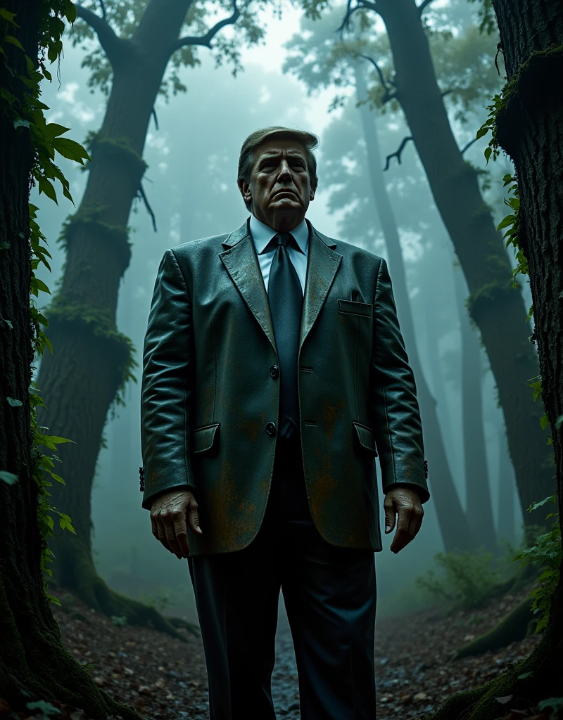 (A bronze statue of Donald Trump from the chest up, suggesting an ominous future: 1.8) An unparalleled masterpiece of hyper-realistic film photography, rendered in minute detail. ((Anatomically perfect and accurate depiction of the bronze statue: 1.6)), (Big head, big face, thick waist: 1.6), (Film, 35mm, realistic), (Horror movie atmosphere: 1.6), (A rusty and bird dropping stained bronze statue of Donald Trump from the chest up was left abandoned in the depths of a deep forest: 1.6), (Rusty bronze statue, discolored bronze statue, bronze statue with bird dropping stain on the face: 1.7), A creepy place deep in a cursed dark forest, foggy, (A bronze statue of Donald Trump's face, hair and suit made of bronze: 1.7), (A creepy bronze statue that emerges from lightning: 1.7), (Strange trees, creepy ivy, a flock of flying bats: 1.7), Night fog and black clouds in the distance in the background with lightning flashing mysteriously,