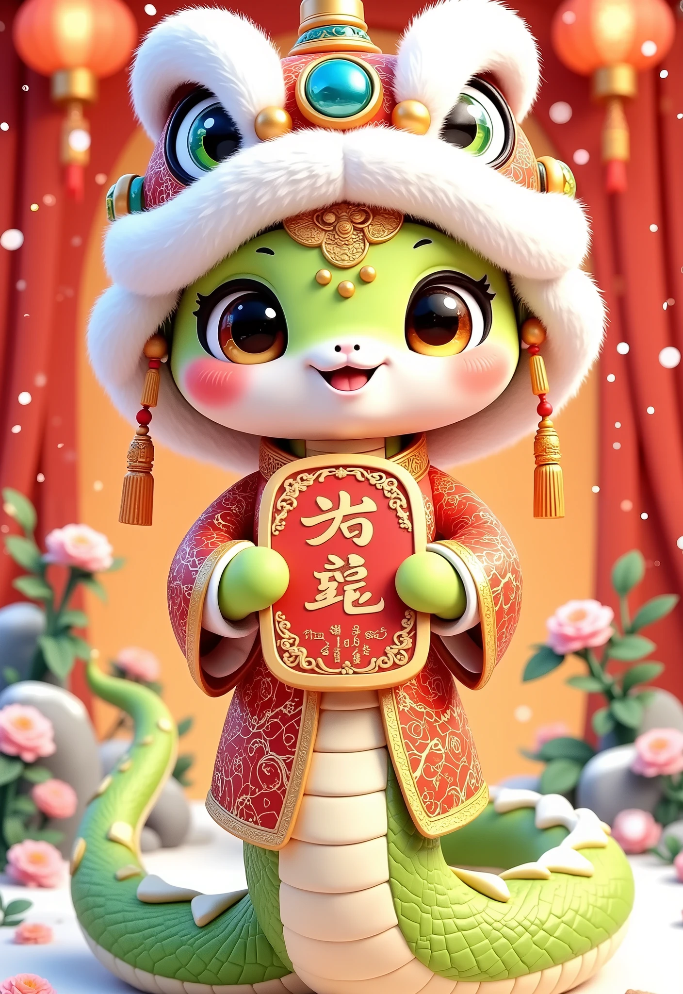 Q version of the snake ,  cartoon style snake , Green Snake , Exquisite features,  cute,  cute, wearing a snow hat of various styles,  ancient Chinese architecture , snow,  romantic plum blossom , lantern,  beautiful and fresh breath,  top quality