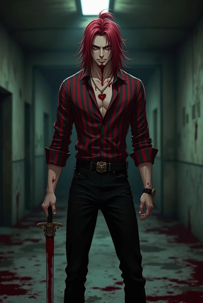 Blood God wearing a black fedora, ripped black shirt, long red hair, grey skin, crying blood, grave in background, full body