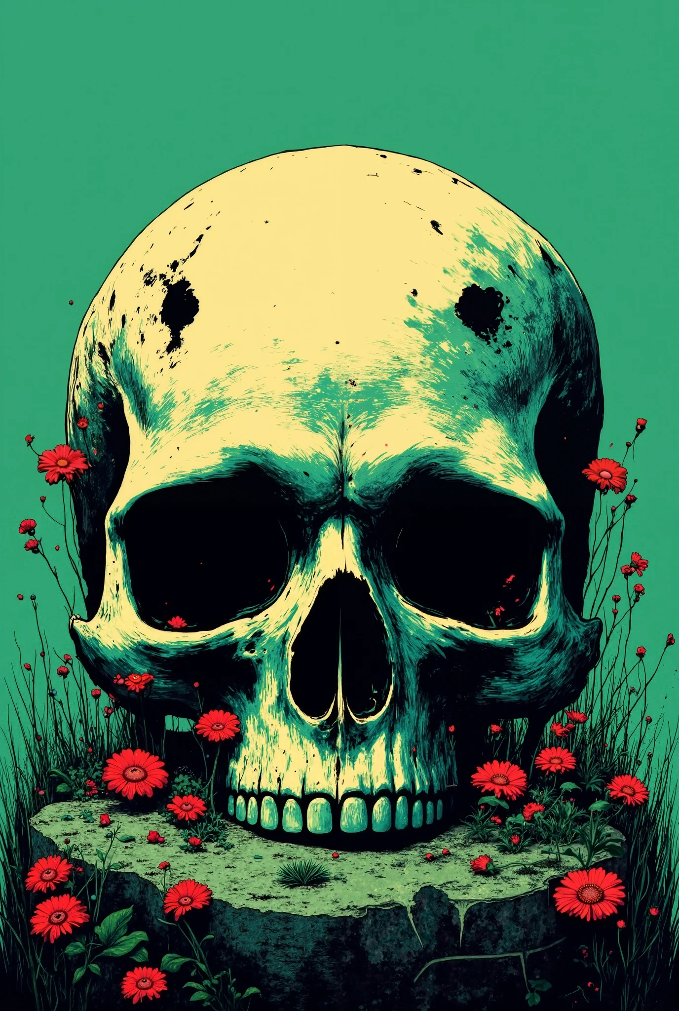 By (dan mumford: 1.4)A detailed illustration of a Dead Skull, T-shirt design, T-shirt design, Studio Ghibli style, cute and quirky, fantasy art, watercolor effect, bokeh, Adobe Illustrator, hand drawn, digital painting, low-poly, soft lighting, panoramic view, retro aesthetic, character-focused, 4K resolution