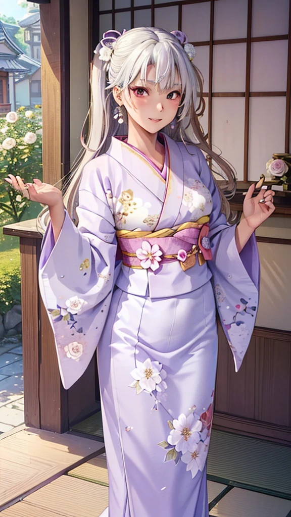 A masterpiece, ultra high definition, ultra HD quality, the most beautiful woman in history, anime, slender body, (large breasts), tall height, small face, well-balanced proportions, Brown skin, (shiny white hair:1.2), (((twin tales hair:1.3))), (very long bangs), (has beautiful shining eyes), (clear red eyes), (((shining highlights:1.3))), long eyelashes, pink lips, beautifully precise and delicate hand and finger creation, divine smile, (((Japanese kimono / pale purple colored furisode))), (((gorgeous floral kimono))), (white rose accessory:1.2), ((Hairpin)), (small earrings, ring), upper body, beautiful standing posture like a fashion model, Japanese shrine, torii gate
