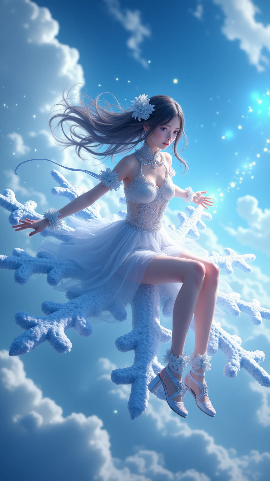 1 girl, single, (feet in the sky: 1.3), blue sky, mirror, (light pink and light sky blue style: 0.2), ethereal leaves, playful arrangements, fantasy, high contrast, (8K wallpaper: 1.3), realistic, octane rendering, surreal, (skin dents: 1.5), (realistic face: 1.2), (hands and feet blurred), sharp focus, masterpiece, (best quality), (mirror illumination: 1.5), light on the face, sharp face, long hair, light makeup, smile: 1.2, cute, (after fingering: 1.1), (long tulle: 1.6), wind, bun, (leg covering: 1.3),
