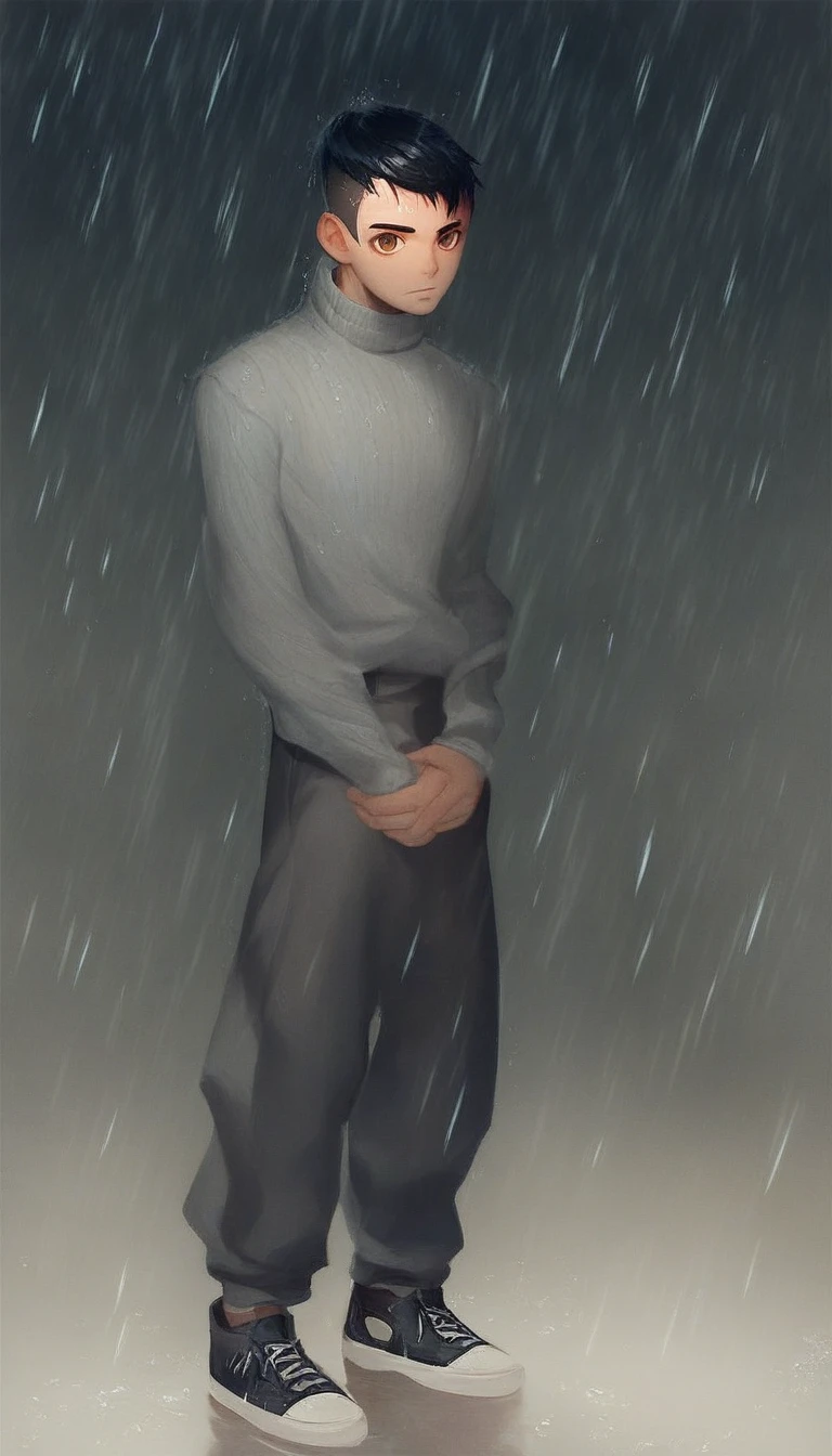 man in the rain, man drenched in rain , ((Looking intently at the viewer)), ( rainwater flows down his face), The sky is dark , ( Detailed ), (((normal boy))), (( black hair rapado)), (( shaved hair )), (Face of misery ), ( black sneakers ), ((( Only the upper half can be seen ))), ((male)), (((grey turtleneck sweater))), ((solo una persona)), (( brown eyes)), (( black hair)), ((human)), dark art