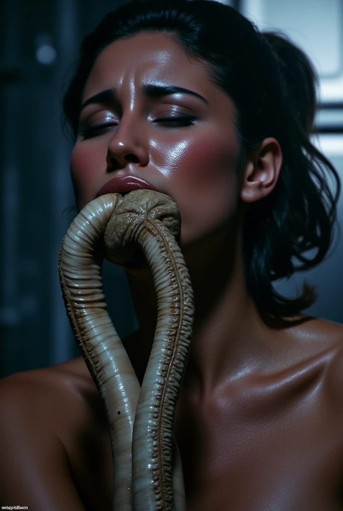 high quality scene from a movie. A gorgeous woman with an alien face hugger covering her mouth. The stunningly attractive woman with an alien face hugger covering her face. She is holding her chin high. Her mouth is completely covered by the alien. Closing her eyes in discomfort. Uncomfortable face. Expressive disgusted face. There is an alien face-hugger on her mouth. Scene from a sci fi movie. Her face shows sheer shock and horror as she looks like she's about to gag. She has high resolution sweaty skin. Sci-fi background. Stunningly attractive woman with a tentacle shoved down her throat. Cinematic lighting. High quality shot.