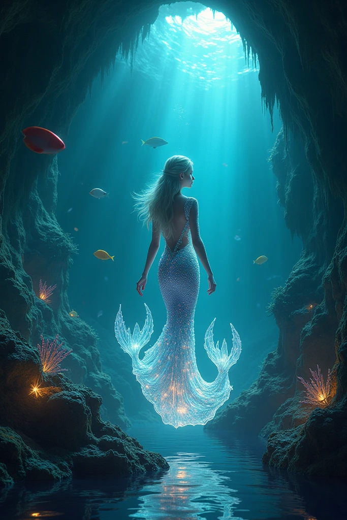 (best quality,4k,8k,highres,masterpiece:1.2),ultra-detailed,(realistic,photorealistic,photo-realistic:1.37),psychedelic mermaid colony hidden in a bioluminescent grotto, where merfolk with iridescent tails perform mesmerizing dances amidst shimmering curtains of seaweed,underwater fantasy,nature-inspired,ethereal ambiance,luminous creatures,lively and vibrant colors,sparkling lights,captivating visual spectacle,translucent underwater world,curved coral reefs,glowing marine flora,beautifully flowing water,magical atmosphere,faint silver glow,fascinating patterns on scales,mysterious and alluring,whimsical aquatic domain,serene and enchanting scenery,dreamlike experience,fluid motions of the merfolk,graceful and elegant gestures,dramatic backlit scenes,ethereal and otherworldly,mystical energy,twinkling bioluminescent light,breathtaking and surreal,tranquil and mesmerizing,beauty of underwater life,unforgettable underwater adventure,twinkling stars in the water,harmony between merfolk and marine life,magical underwater haven,hypnotizing movements,subtle shimmering effects,lush underwater vegetation,endless visual delight.