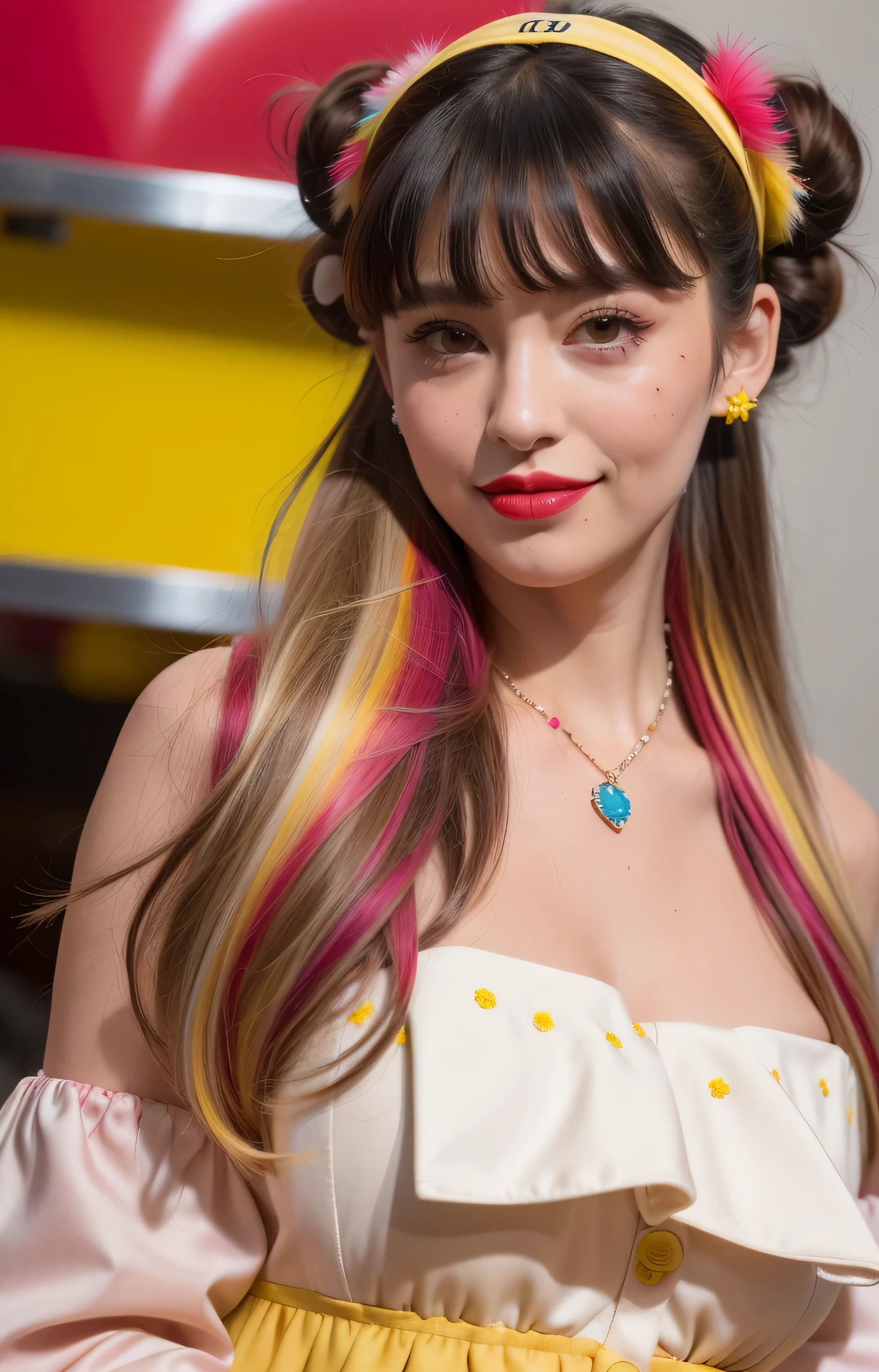 (extra detailed body、extra detailed face、best qualtiy:1.2)、realistic cute muscle female curve cleavage big breasts standing with beauty legs wearing yellow highhills 、looking at the viewers、(swept bangs, shoulder length wavy hair cascading down the shoulders, Layered Hair, Long sideburns, Magenta and Magenta-yellow gradient hair color, messy space buns, a happy smile with theeth, jucy red lips, rosy checks, smoky eyeshadow, winged eyeliner, 23years, ribbon headband, white small hairclips ,Piercing of bird feathers up to the shoulder, Colorful fluffy clothes, Multi-colored lace blouse in light tones:1.4, cropped feather Jacket, Layered bracelets, statement necklace, hyper resolution
