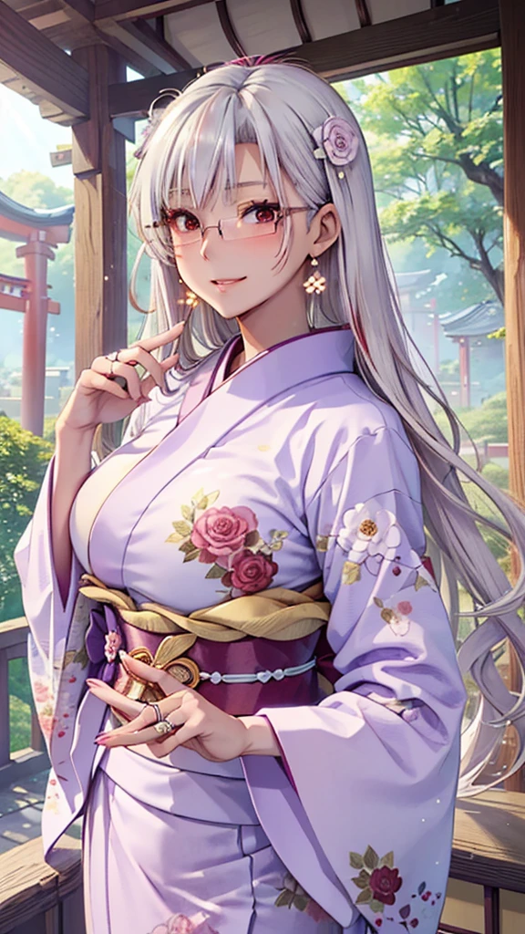 A masterpiece, ultra high definition, ultra HD quality, the most beautiful woman in history, anime, slender body, (large breasts), tall height, small face, well-balanced proportions, Brown skin, (shiny white hair:1.2), (((twin tales hair:1.3))), (very long bangs), (has beautiful shining eyes), (clear red eyes), (((shining highlights:1.3))), long eyelashes, pink lips, beautifully precise and delicate hand and finger creation, divine smile, (((Japanese kimono / pale purple colored furisode))), (((gorgeous floral kimono))), (glasses), (purple rose accessory:1.2), ((Hairpin)), (small earrings, ring), upper body, beautiful standing posture like a fashion model, Japanese shrine, torii gate
