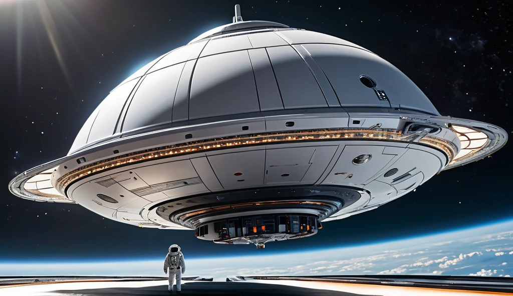 A high-fidelity image, Futuristic style sci-fi solid geometry Close-up of the spacecraft in the atmosphere, perception of adventure and discovery ,The spaceship should have a smooth white metallic texture, sharp, The core energy core of the spacecraft should emit a soft and bright light, but should be treated with a blur effect ,Interacting with the light of the atmosphere,Leaving trails of light,
and the details of the spacecraft should show a smooth metallic texture ,, evokes people's mystery , to capture the complex elements of this sci-fi scene ,This These details should be presented with high resolution and clarity,最好是4k quality,以捕捉飞船设计的Complexity 和Fineness,To enhance the sense of enormity, The size of the spacecraft should be in sharp contrast with the surrounding environment and characters,For example, The huge body of the spacecraft is compared with the urban buildings or characters on the ground,To show its huge scale,
The background can be clouds in the atmosphere,Mountains or city skylines in the distance,, as well as the lighting and atmospheric effects that interact with the spacecraft, The warm glow of the boat engine contrasts sharply , and the flight ,, but the overall tone should remain stable, avoid being too bright ,
Below or beside the spacecraft,, there can be figures in contrast,They are looking up at this huge spaceship,To show expressions of wonder or curiosity, The clothing and postures of these characters should be coordinated with the sci-fi style of the spacecraft,But also to show human emotion and reaction,
including a glowing panel and holographic display , futuristic style , while focusing more on the microscopic details of the spacecraft and the contrast with the characters, convey a sense of heaviness and human interaction with technology,
The final image should have a high resolution,Clear details,4k quality,Complex elements, emphasizes realism ,Close-up view,Complexity ,Fineness,35mm,Leica tone ,
The final image should have a high resolution,Clear details,4k quality,Complex elements, emphasizes realism ,Close-up view,Complexity ,Fineness,