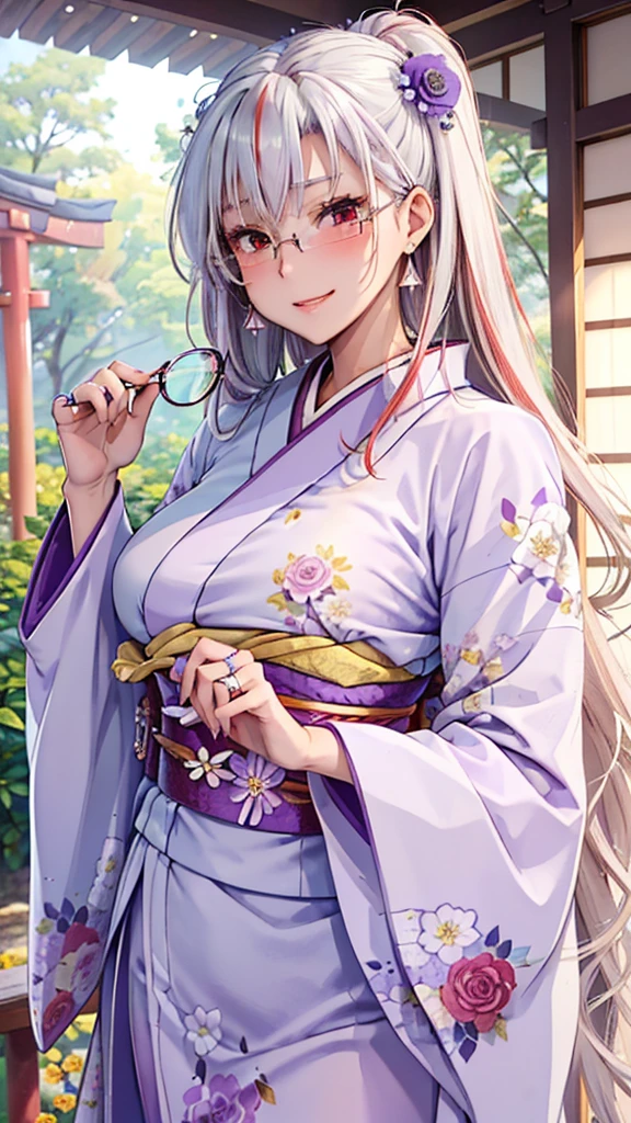 A masterpiece, ultra high definition, ultra HD quality, the most beautiful woman in history, anime, slender body, (large breasts), tall height, small face, well-balanced proportions, Brown skin, (shiny white hair:1.2), (((twin tales hair:1.3))), (very long bangs), (has beautiful shining eyes), (clear red eyes), (((shining highlights:1.3))), long eyelashes, pink lips, beautifully precise and delicate hand and finger creation, divine smile, (((Japanese kimono / pale purple colored furisode))), (((gorgeous floral kimono))), (glasses), (purple rose accessory:1.2), ((Hairpin)), (small earrings, ring), upper body, beautiful standing posture like a fashion model, Japanese shrine, torii gate
