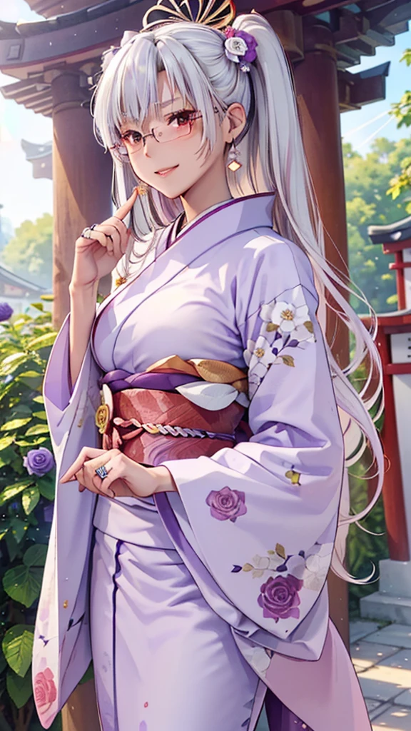 A masterpiece, ultra high definition, ultra HD quality, the most beautiful woman in history, anime, slender body, (large breasts), tall height, small face, well-balanced proportions, Brown skin, (shiny white hair:1.2), (((twin tales hair:1.3))), (very long bangs), (has beautiful shining eyes), (clear red eyes), (((shining highlights:1.3))), long eyelashes, pink lips, beautifully precise and delicate hand and finger creation, divine smile, (((Japanese kimono / pale purple colored furisode))), (((gorgeous floral kimono))), (glasses), (purple rose accessory:1.2), ((Hairpin)), (small earrings, ring), upper body, beautiful standing posture like a fashion model, Japanese shrine, torii gate
