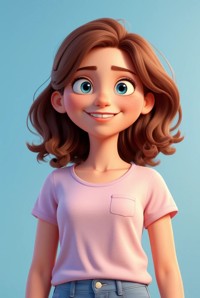 3D cartoon, woman, upper body, medoum hair, wearing a tshirt, 3d cartoon render, UHD, plain background