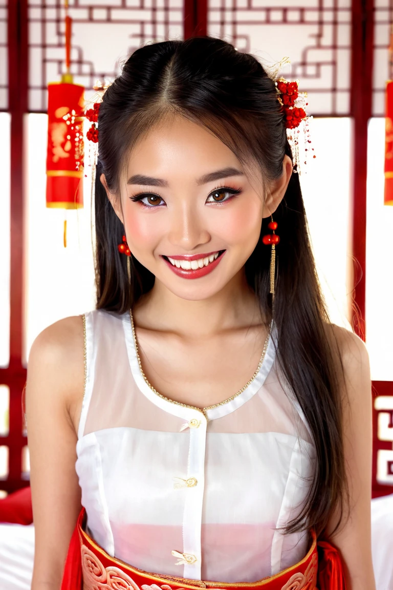 photorealistic image of the same 18 year old Asian female, slender build, unbuttoning a traditional red Chinese wedding costume, intricate woven ornamental details, showing a translucent white tank top under the wedding costume, delicate and symmetrical facial features, slightly almond-shaped and expressive eyes, alluring smile, long and dark hair tied naturally to fit the costume, framing her face beautifully, standing by the bed, soft and warm lighting, looking at the camera seductively, feeling playful