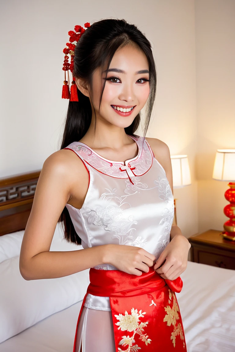 photorealistic image of the same 18 year old Asian female, slender build, unbuttoning a traditional red Chinese wedding costume, intricate woven ornamental details, showing a translucent white tank top under the wedding costume, delicate and symmetrical facial features, slightly almond-shaped and expressive eyes, alluring smile, long and dark hair tied naturally to fit the costume, framing her face beautifully, standing by the bed, soft and warm lighting, looking at the camera seductively, feeling playful