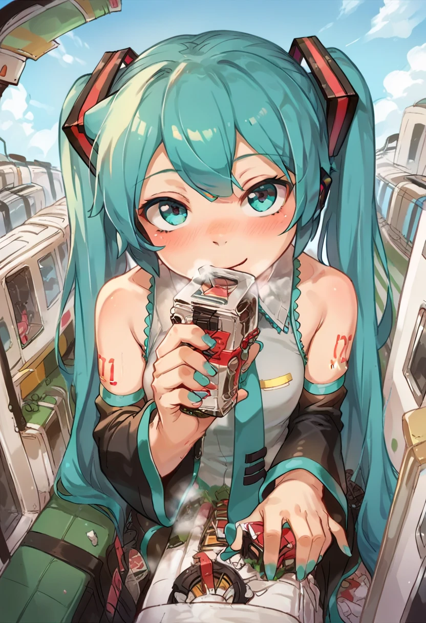 Hatsune Miku,Has a penis,  giant_ MASTURBATION ,  train penetrated , City Destruction, break， masturbates,By train ，  cute face，  viewer ，，mischief