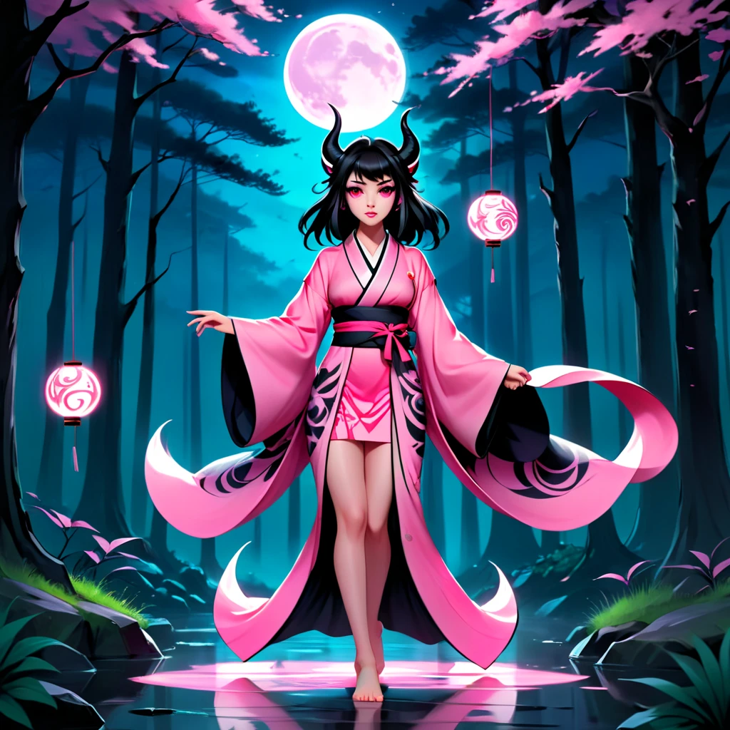 "4K anime style quality, digital drawing mode, a beautiful demon girl with long black hair flowing with pink tips, large pink eyes, wearing her signature pink kimono with geometric patterns and a black haori, standing in a misty forest at night, full body, dynamic stance exuding innocence and strength, soft moonlit glow, perfect anatomy, intricate kimono details, full HD, 4K, HDR, depth of field."
