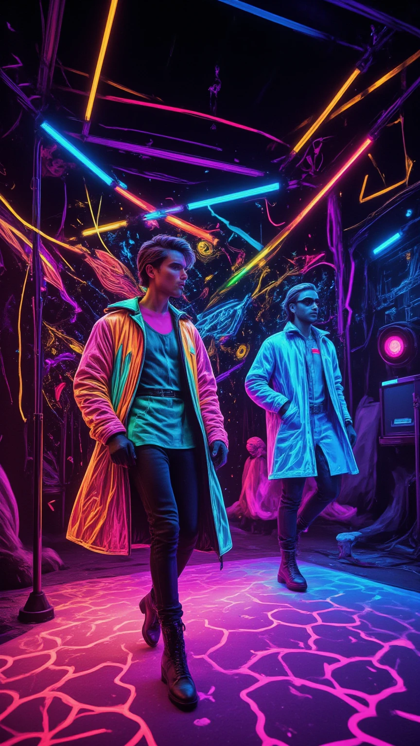 Create a hyper-realistic depiction of a vibrant 1980s music stage set against a dazzling neon cityscape. The scene features a dynamic fashion models, showcasing unique 80s style clothing, complete with bold patterns and extravagant accessories. Capture the raw emotion and excitement of the moment, with models strutting confidently under bright neon lights, surrounded by an serialism fantasy dreamy magical objects immersed in the spectacle. Incorporate unusual and vibrant colors, with a backdrop of holographic elements and psychedelic designs, evoking a sense of trippy nostalgia. Include intricate details like a honeycomb pattern in the stage design, enhancing the overall atmosphere of this magical, electrifying night.