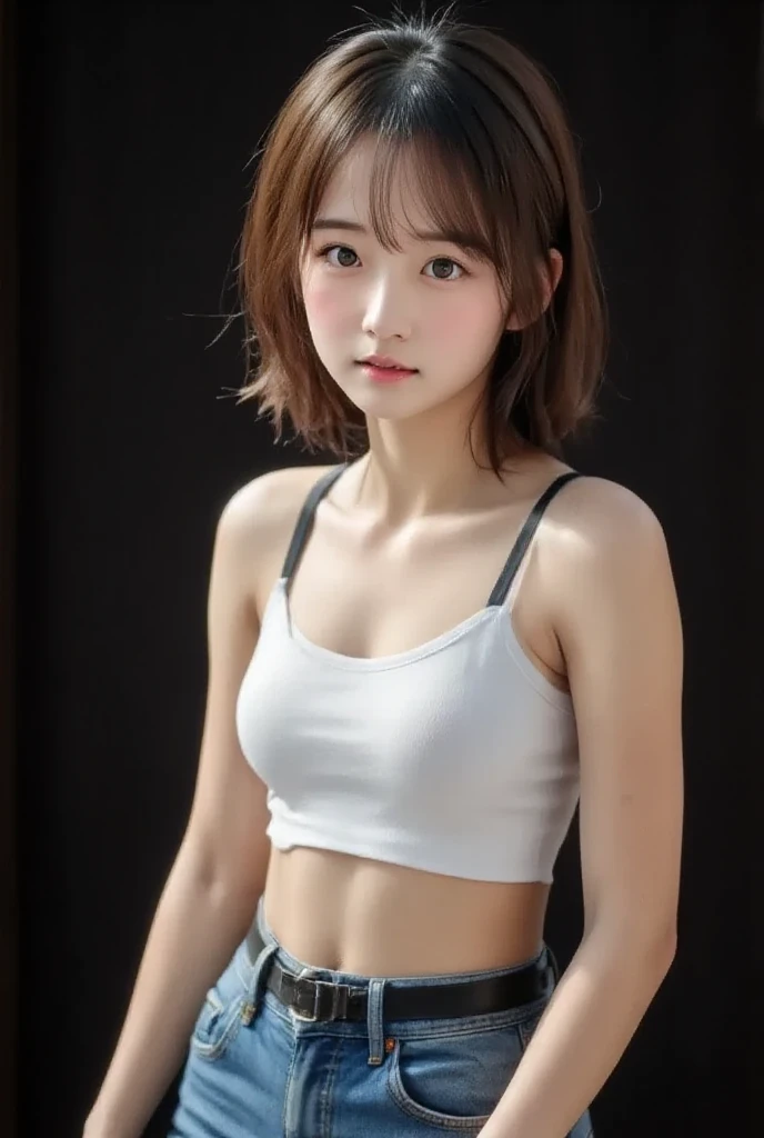 (close:1.4)、(RAW photo:1.2)、(realistic:1.4)、(masterpiece:1.3)、(highest quality:1.4)、alone、7 head and body、(detailed and beautiful eyes)、(charming big eyes)、(beautiful double eyelids)、(beautiful and detailed face)、natural makeup、long eyelashes、(gentle smile:1.2)、(Detailed features of garments)、transparent skin、(shiny肌)、(slender and beautiful girl)、(beautiful leg line)、(full body shot)、(gentle smile:1.2)、(beautiful breasts、big breasts:1.3)、(nipple protrusion：1.3)、(white crop top、jeans shorts:1.3)、underboob、clothes are wet、My clothes are transparent、water wet、(short bob:1.2)、transparent skin、High transparency、(shiny)、(embarrassing)、(highest quality、Super detailed:1.3)、Bokeh、beautiful thighs、beautiful little ass、(perfect anatomy:1.2)、rain、