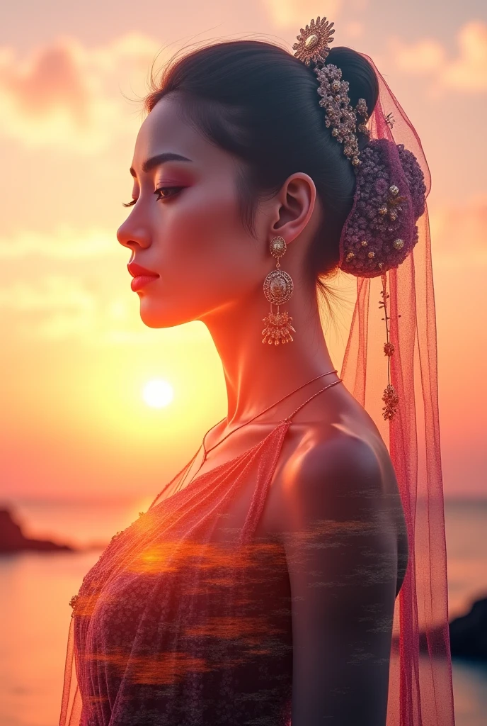 high quality, 8K Ultra HD, A beautiful double exposure that combines an goddess silhouette with sunset coast, sunset coast should serve as the underlying backdrop, with its details incorporated into the goddess , crisp lines, The background is monochrome, sharp focus, double exposure, by yukisakura, awesome full color,