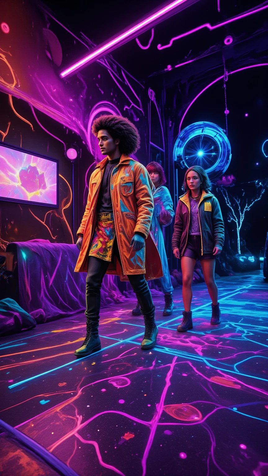 Create a hyper-realistic depiction of a vibrant 1980s music stage set against a dazzling neon cityscape. The scene features a dynamic fashion models, showcasing unique 80s style clothing, complete with bold patterns and extravagant accessories. Capture the raw emotion and excitement of the moment, with models strutting confidently under bright neon lights, surrounded by an serialism fantasy dreamy magical objects immersed in the spectacle. Incorporate unusual and vibrant colors, with a backdrop of holographic elements and psychedelic designs, evoking a sense of trippy nostalgia. Include intricate details like a honeycomb pattern in the stage design, enhancing the overall atmosphere of this magical, electrifying night.