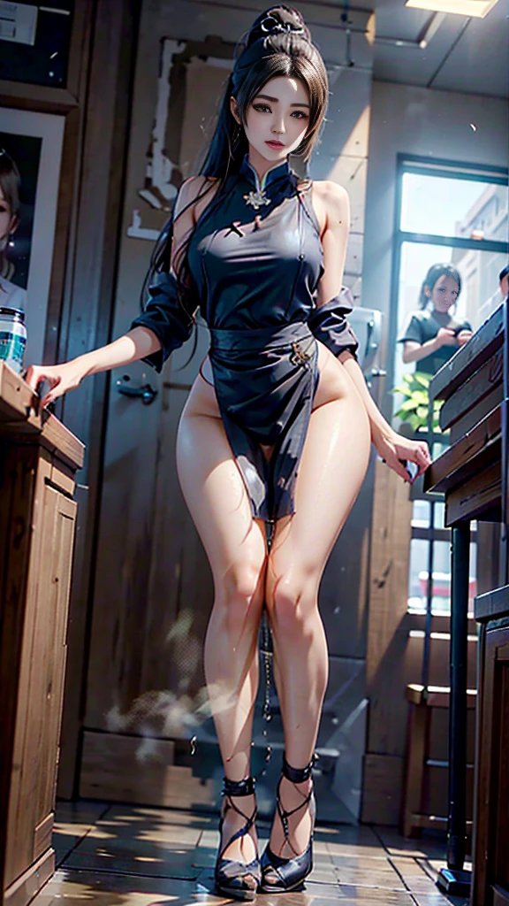 Replace the people in the picture，perfect face，((8k+ultra high resolution+ultra high definition+masterpiece+detailed)),(perfect face+supermodel+Delicate skin+high ponytail+huge breasts),[[[muscle]]],(((Anatomically correct))) ,
