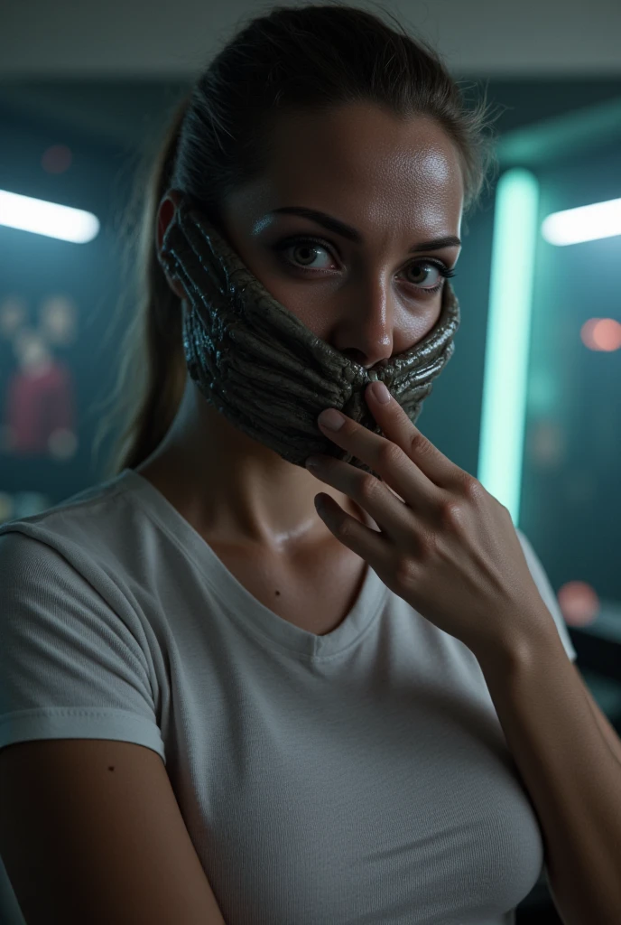 high quality scene from a movie. A gorgeous woman with an alien face hugger covering her mouth. The stunningly attractive woman with an alien face hugger covering her face. She is holding her chin high. Her mouth is completely covered by the alien. Her eyes are wide with fear. She is wearing a crew-neck t-shirt. Uncomfortable face. Expressive disgusted face. There is an alien face-hugger on her mouth. Scene from a sci fi movie. Her face shows sheer shock and horror as she looks like she's about to gag. She has high resolution sweaty skin. Sci-fi background. Stunningly attractive woman with a xenomorph facehugger wrapped around her face. Cinematic lighting. High quality shot.