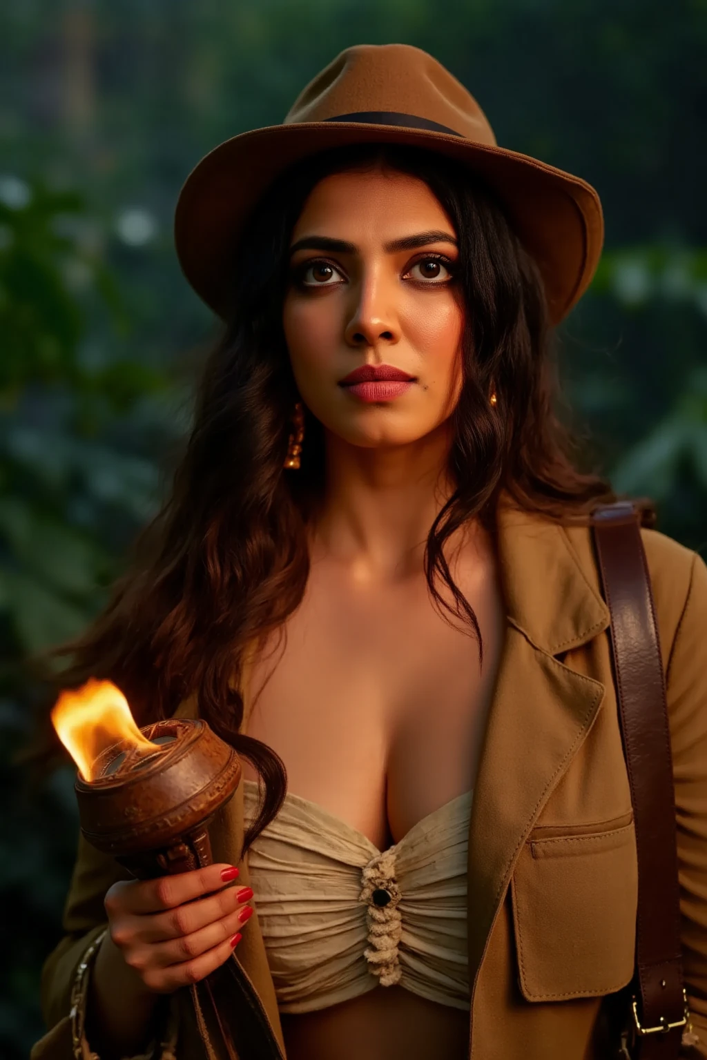 upper half of a woman in Edwardian-era explorer attire with large breast , featuring a tailored khaki jacket with pockets, a wide-brimmed hat, and a leather satchel strap across her shoulder. She holds a vintage compass in one hand. The background depicts a lush jungle with soft sunlight streaming through the leavesUltra-realistic digital art of the upper half of a woman in a dark forest at night She wears a weathered adventure-style coat, and her sweat-covered face glows in the warm, flickering light of the flame. Her expression is fearful yet determined, with messy, damp hair framing her face. The dense forest in the background is engulfed in shadow, with only the flame providing illumination.