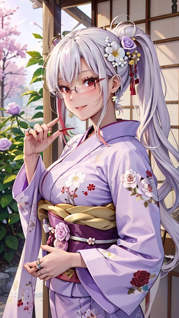 A masterpiece, ultra high definition, ultra HD quality, the most beautiful woman in history, anime, slender body, (large breasts), tall height, small face, well-balanced proportions, Brown skin, (shiny white hair:1.2), (((twin tales hair:1.3))), (very long bangs), (has beautiful shining eyes), (clear red eyes), (((shining highlights:1.3))), long eyelashes, pink lips, beautifully precise and delicate hand and finger creation, divine smile, (((Japanese kimono / pale purple colored furisode))), (((gorgeous floral kimono))), (glasses), (purple rose accessory:1.2), ((Hairpin)), (small earrings, ring), upper body, beautiful standing posture like a fashion model, Japanese shrine, torii gate
